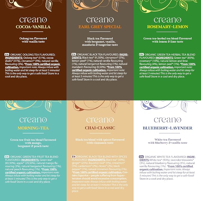 Creano Organic Tea Gift Set – 24 Organic Tea Bags in 6 Dreamy Varieties – 48 g*