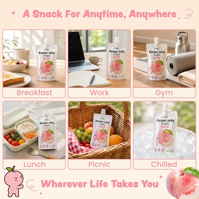 Jayone Drinkable Konjac Jelly Pouch - Peach Flavor, 10 Pack 5.07 fl oz Each - Zero Sugar, Only 7 Calories per Pouch, Halal, Made in Korea