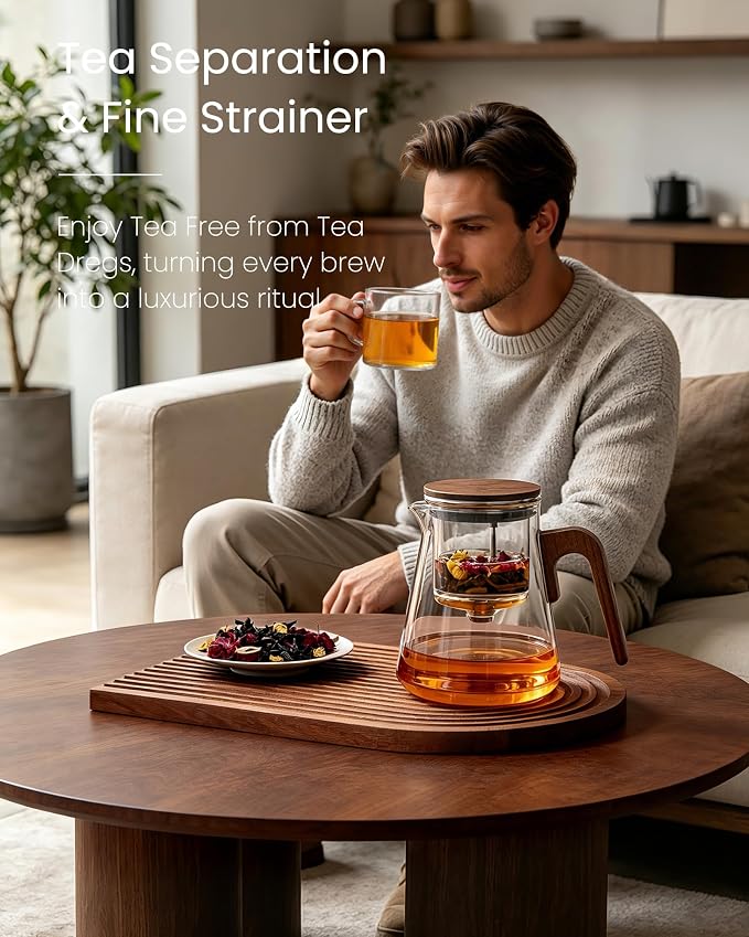 ZENS Magnetic Tea Pot, Enchanted Glass Teapot with Infuser and Magnetic Suction Lid for Mess-Free Loose Tea Diffusers, Walnut Wood Handle, Tea Lovers Gifts