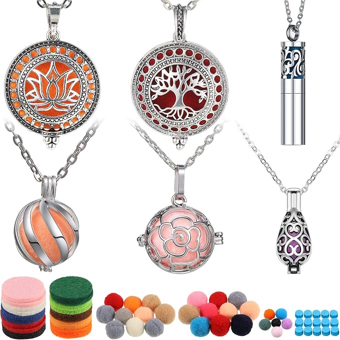 Hicarer 6 Pcs Essential Oil Diffuser Necklace for Women, Aromatherapy Locket Pendant Stainless Steel Scent Necklace with 60 Pieces Refill Pads and Balls for Men Women Jewelry Accessory Birthday Gift