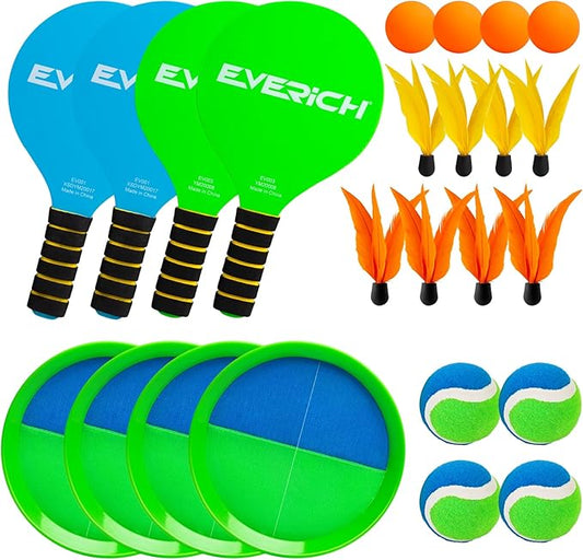 EVERICH Upgraded Toss Catch Paddle Ball Game Set, Outdoor Games Racket Yard Games, Beach Pool Sand Lawn Camping Toys with 8 Paddles 8 Balls 8 Birdies 2 Flying Disc, Birthday Easter Gifts for Adults
