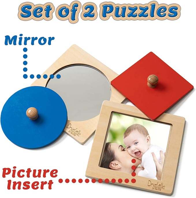 Driddle Montessori Toys - Wooden Knob Shape Puzzles - Mirror & Photo Insert - Learn Colors & Shapes Interactive Baby & Toddler Toys