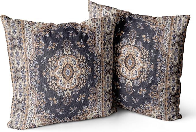 Snycler Boho Throw Pillow Covers 20x20 inch Set of 2 Black Medallion Border Area Rug Double Sided Pattern Cotton Soft Pillow Case Cushion Cover Pillowcase for Couch Sofa Bed Decorative
