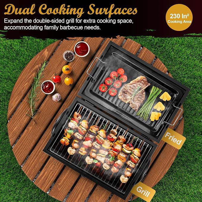 Joyfair Portable Charcoal Grill, Small Outdoor Camping Tabletop BBQ Grills | 2 IN 1 Double-Sided Barbecue Grill with Food Tray & Rack for Home Patio BBQ Grilling, Heavy Duty & Multi-use, (230Sq.in)