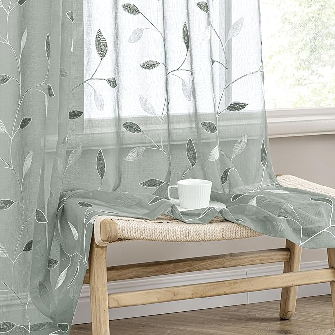 MIULEE Sage Sheer Curtains 2 Panels Embroidered Leaf Patterned Rod Pocket Floral Semi Sheer Faux Linen Window Curtains Drapes Set for Living Room Bedroom Dining Room, 52x63 Inches Long