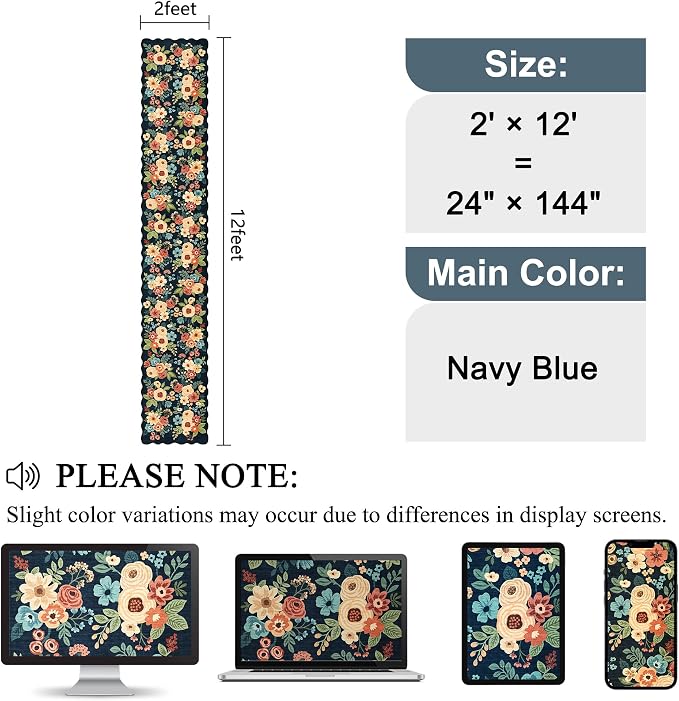 DUKINO 2x12 Washable Runner Rug, Long Runner Rug for Hallway, Navy Blue | Non Slip, Low Pile, Soft Floral Throw Rug Runner for Kitchen, Entryway, Bedroom, Bathroom, Pet Friendly, Modern Home Decor