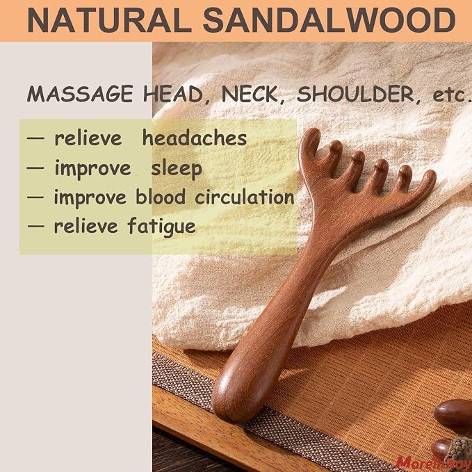 Head Massager Scalp, Wooden Scalp Massager, Foot Massage Tool | with storage pouch, natural Sandalwood, masajeador de cabeza, scalp massage for stress relax, foot massage for muscles relax