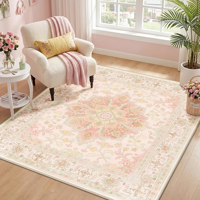 CAPALOCA Square 4ft Washable Nursery Girls Low Pile Area Rug Pink Green | Non-Slip Soft Rugs for Bedroom Kids Playroom Living Room, Print Pattern Water Repellent Carpet Indoor Decor