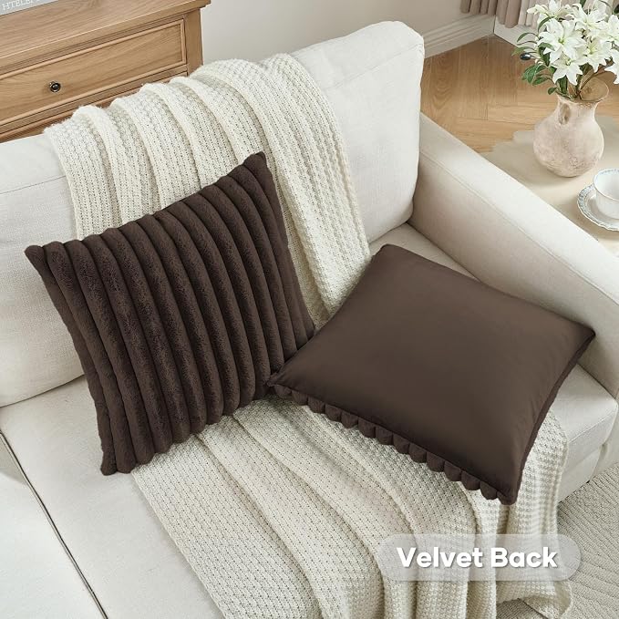 FUTEI Pack of 2 Faux Fur Throw Pillow Covers 24x24 Inch, Dark Coffee | Fluffy Faux Rabbit Fur Front/Premium Velvet Back,Hidden Zipper,Machine Washable,Non-Shedding,Colorfast,Insert Not Included.