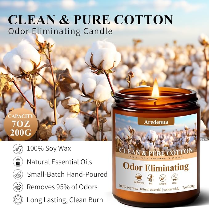 Clean & Pure Cotton Odor Eliminating Candles | Eliminates 95% of Pet, Smoke, Food, and Other Smells – 7 oz Soy Candle for Home Scented - Air Freshing Scented Candles, Up to 50 Hour Burn Time