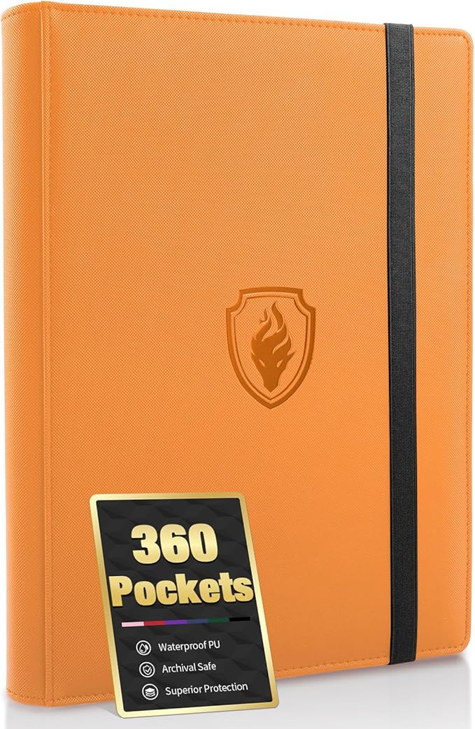 Premium 9 Pocket Card Binder for 360 Cards, Fabmaker PU Cover Trading Card Binder, Sturdy Card Collection Album, Sleek Card Holder Folders for Game Cards & Sports Cards, Orange