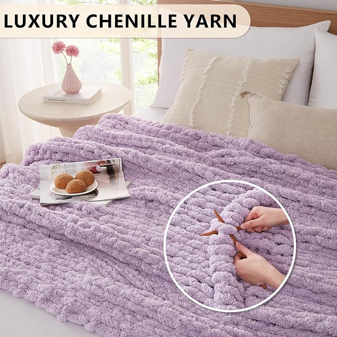 L'AGRATY Chunky Knit Throw Blanket for Couch, 72'' x 84'' Knit Throw, Purple