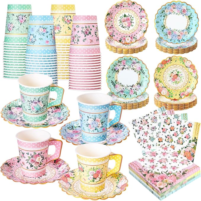 SUMMORO 180 Pcs Floral Paper Tea Cups and Plates 9 OZ Disposable Paper TeaCups and Saucers with Tea Party Napkins Set for Tea Party Decoration Birthday Wedding Bridal Shower Party Supplies