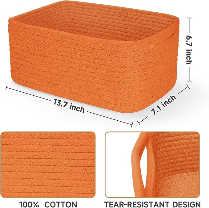 3 Pack Storage Baskets for Organizing, 13.7×9.5×6.3", Orange | Woven Baskets for Shelves, Cotton Rope Basket for Gifts Empty, Closet Organizer Bins with Handles, Cube Decorative Box