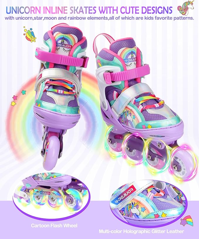 Unicorn Rainbow Inline Skates for Girls Teens Womans,4-Pejiijar Roller Skates for Girls Ages 6-8-12 w/Luminous Wheels,Kids Adjustable Roller Shoes for Birthday Xmas Gifts