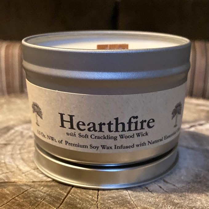 Hearthfire in Tin Can by GWE - Smoky Sandalwood Scented Soy Candle w/Wood Wick - Dark Sweet Creamy Aromatherapy - Infused w/Natural Oils, Made in The USA - Gift for Men & Women