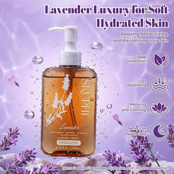 Body Oil for Massage, Lightweight Non Greasy Massage Oil for Relaxation & After Shower, Smooth Glide 6.76 Fl Oz (Lavender)