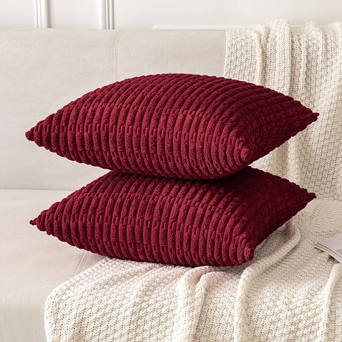 MIULEE Euro Sham Corduroy Decorative Throw Pillow Covers 22x22 Burgundy | Pack of 2 Soft Boho Striped Pillow Covers Modern Farmhouse Home Decor For Sofa Living Room Couch Bed