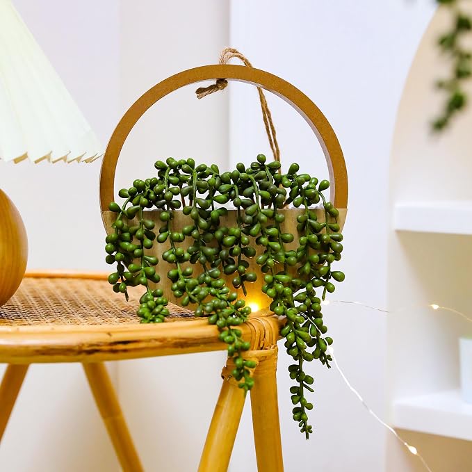 2pcs Artificial Succulents Hanging Plants 12.2'' Fake String of Pearls in Pot with 8.3'' Lanyard for Indoor Outdoor Wall Decor（Wood Color）.