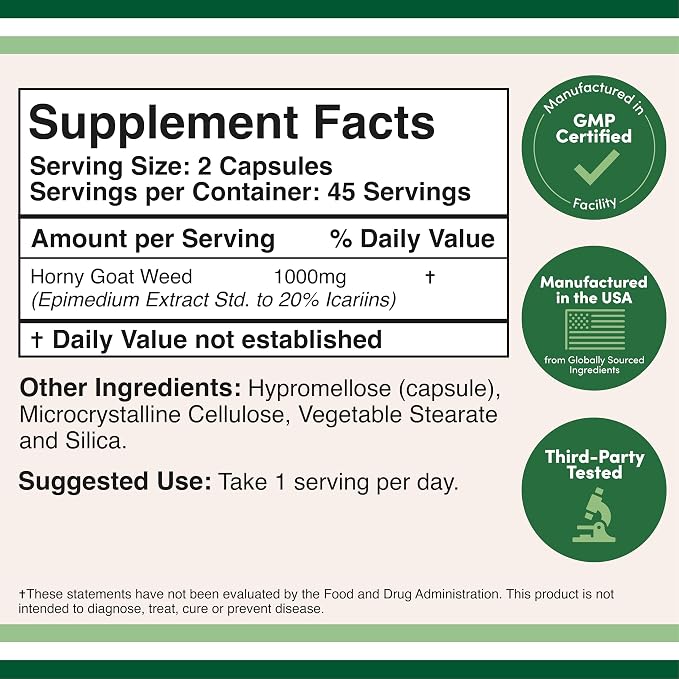 Horny Goat Weed for Men and Women - No Fillers (Max Strength Epimedium Std. to 20% Icariins) 1,000mg per Serving, 90 Capsules (Male Enhancing Supplement) by Double Wood