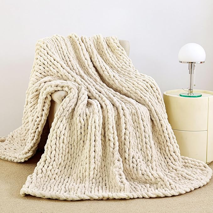 Chunky Knit Blanket Throw for Couch, 40"x50" Chunky Yarn Knitted Blankets | 100% Hand Knit Thick Chenille, Soft Breathable for Bed, Sofa, Home Decor, Cozy Gifts for Women Friends, Ivory