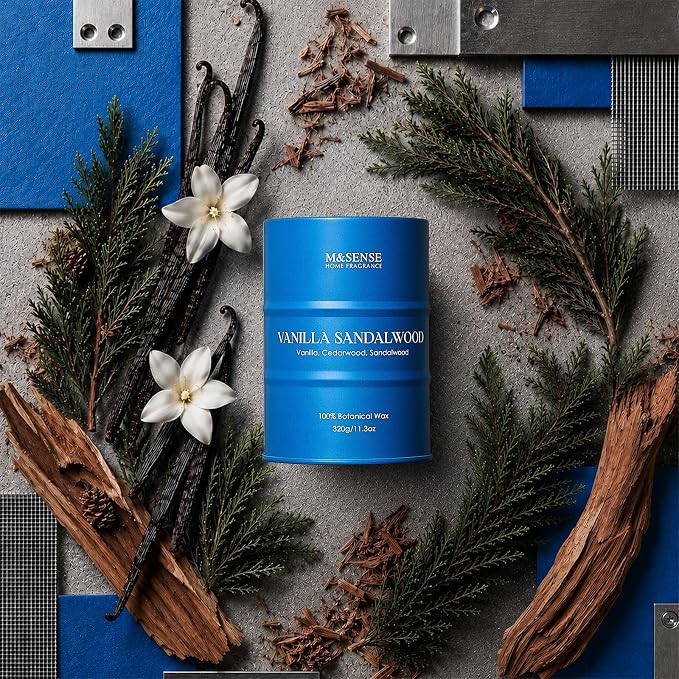 M&SENSE Vanilla Sandalwood Scented Candles,Fall Candles Natural Non Toxic, Soy Candle for Stress Relief Meditation Relaxing, Housewarming Gifts for Women Men, 11.3oz 70 Hour Long Burning