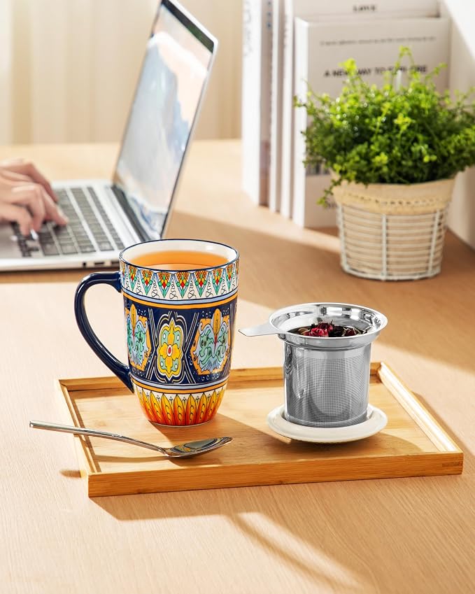 vancasso Ceramic Tea Cup with Infuser and Lid, 18 Ounce Tea Infuser Mug for Loose Leaf Tea, Microwave & Dishwasher Safe, Bohemian Mandala, Gift for Tea Lovers, Forest Daisy Drift