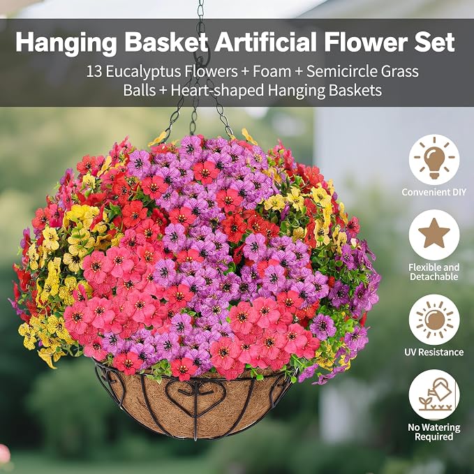 Artificial Hanging Flower for Outdoors(Mixed) | Fake Hanging Basket for Outside,1 Hanging Basket with 13 Pcs Faux Silk Flowers for Porch, Balcony and Patio Decor