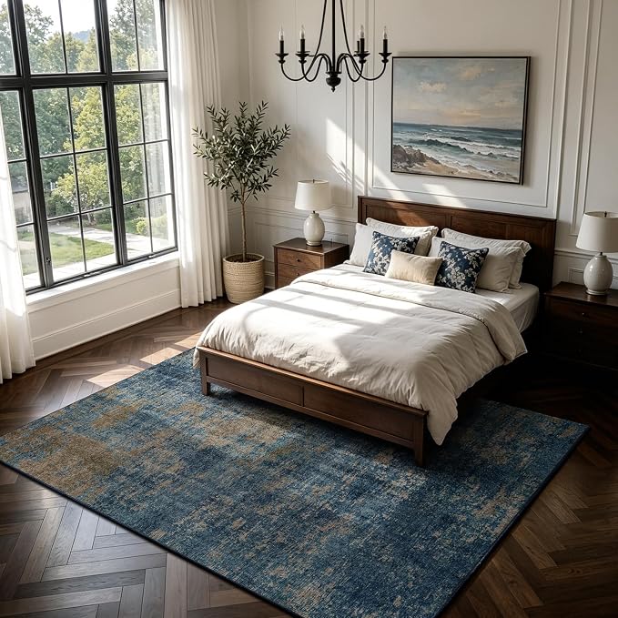 Blue Washable Rugs 8x10 Area Rugs for Living Room,Bedroom,Dining Room-Neutral Modern Abstract Rugs with Non Slip Backing,Large Soft Carpet for High-Traffic Areas Nursery Farmhouse Home Office