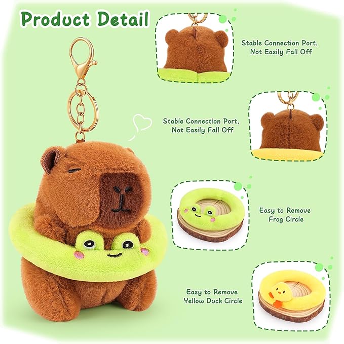 Achwishap 2PCS Capybara Plush Keychain,Cute Keychain Capybara Stuffed Animal,Soft Capybara Plush Toys Key Chain,Kawaii Plushies Stuffed Toys for Kids Adults(Frog Swimming Circle,Duck Swimming Circle)