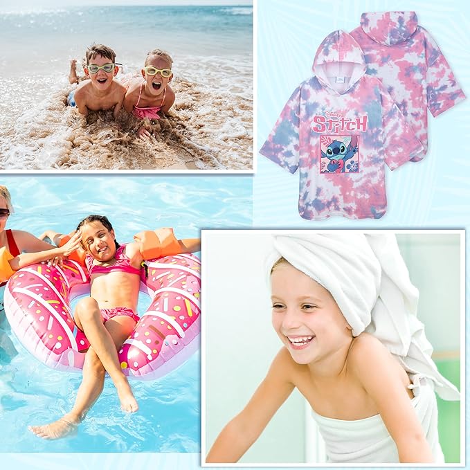 Disney Stitch Bath Towel with Hood for Kids Teenagers Absorbent Cozy Poncho Hooded Beach Towel Wrap for Beach Pool Swimming Bath Vacation Essentials (Pink/Blue Stitch, 10-13 Years)