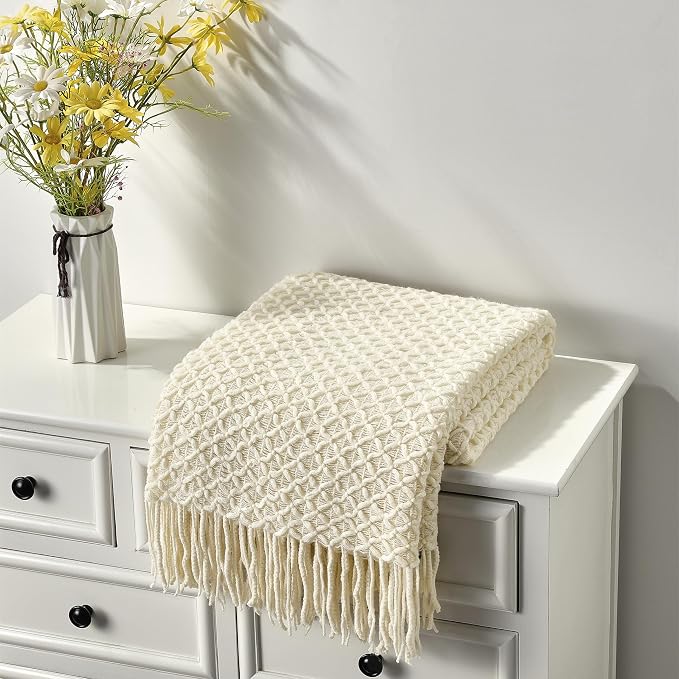 CREVENT Farmhouse Boho Knitted Throw Blanket for Couch Sofa Chair Bed Home Decoration, Soft Warm Cozy Light Weight for Spring Summer Fall (50''X60'' Beige)