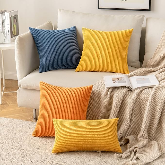 MIULEE Soft Corduroy Throw Pillow Covers Set of 2 16x16 Mustard Yellow | Decorative Striped Textured Cushion Cases, Boho Rustic Square Pillowcases, Home Decor for Couch Chair Sofa Bed Living Room