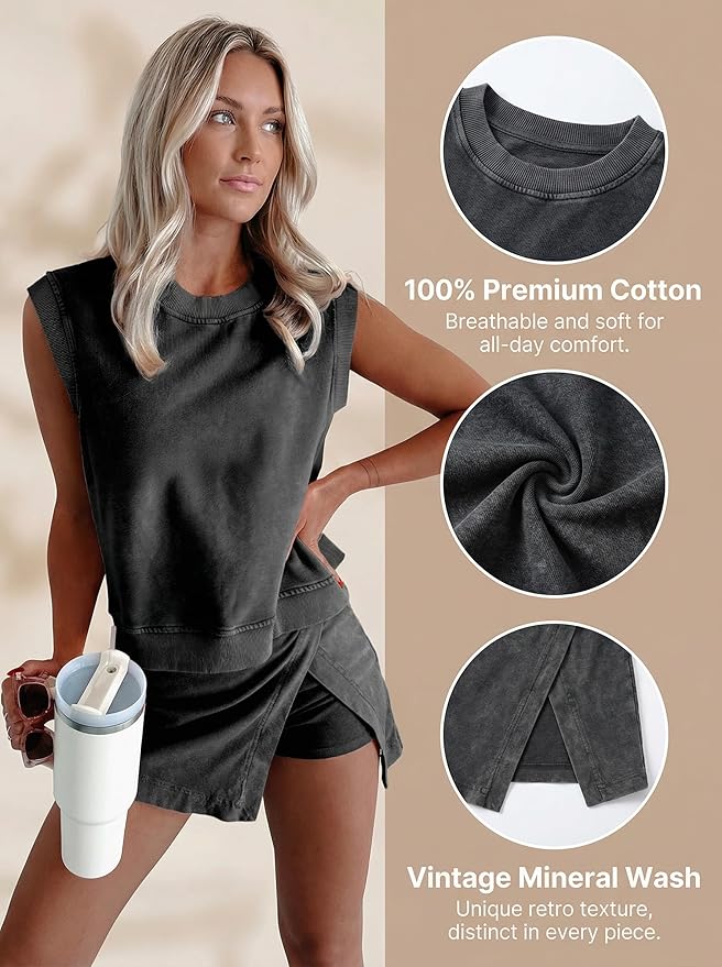 Women 2pc Mineral Wash Athletic Lounge Tank Skirt Set | Soft mineral wash cotton,Breathable.Relaxed lined split skirt.Ideal for travel,lounge,gym,workout casual daily wear