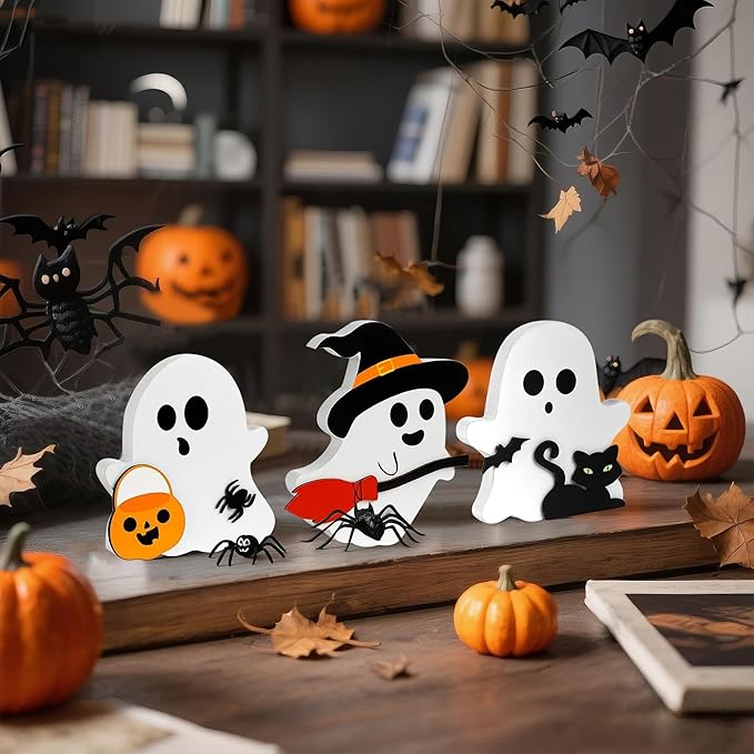 Cute Halloween Decorations Indoor-Cute Halloween Wooden Tiered Tray Decor, 3 Pcs Wooden Ghost Blocks Signs for Home Shelf Mantel Tabletop Office Party Fireplace