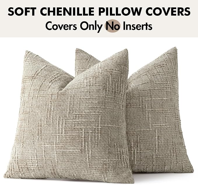 MIULEE Chenille Textured Throw Pillow Covers Light Brown 20x20 Set of 2 | Slubby Decorative Pillows, Boho Farmhouse Home Decor, Modern Neutral Cushion Covers for Couch Sofa Bed Living Room