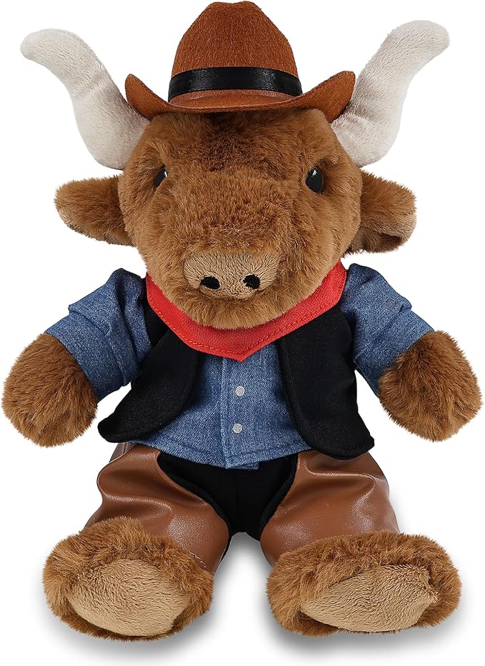 DolliBu Texas Longhorn Stuffed Animal Cowboy Plush with Name Personalization - Western-Themed Longhorn Plush with Cute Cowboy Costume Denim Shirt Vest, Bandana, Leather Pants, and Hat - 9 Inches