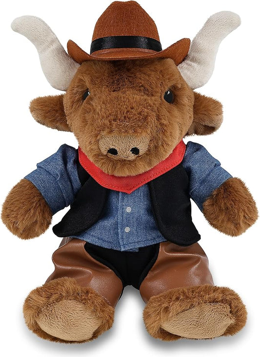 DolliBu Texas Longhorn Stuffed Animal Cowboy Plush with Name Personalization - Western-Themed Longhorn Plush with Cute Cowboy Costume Denim Shirt Vest, Bandana, Leather Pants, and Hat - 9 Inches