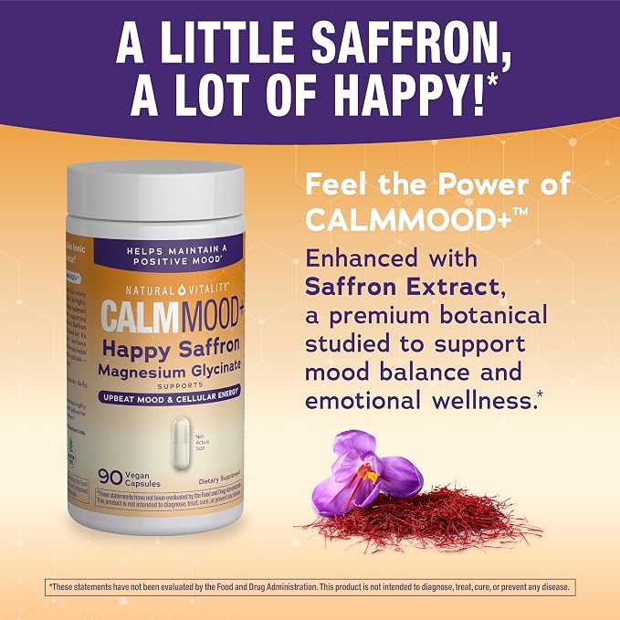 Natural Vitality Calm Mood | Happy Saffron Magnesium Glycinate Capsules | Supplement Helps Maintain Positive Mood | Non-GMO, Vegan & Gluten Free Formula | 90 Count