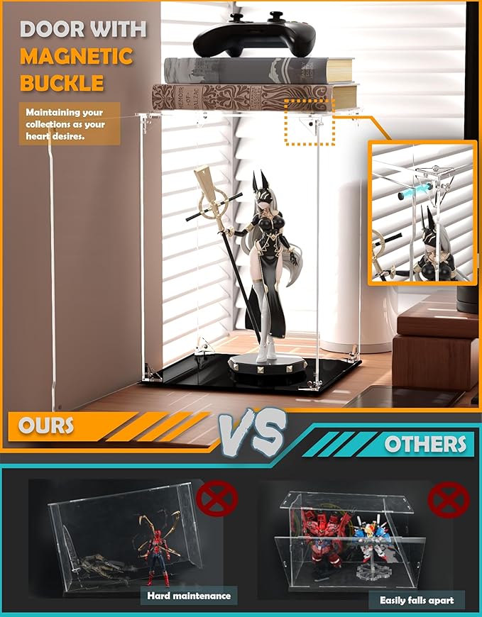 Clear Acrylic Display Case, Front-Open Door with Magnetic Buckle, Assemble Display Box, Dustproof Protection Showcase for Figures, Collections, Models, Toys (6x6x10 inch, 15x15x25 cm)