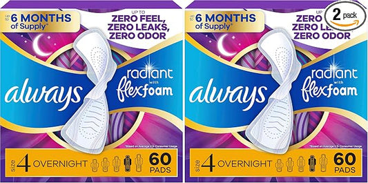 Always Radiant Feminine Pads for Women, Flexfoam Pads with Wings, Size 4, Overnight Absorbency, Lightly Scented, 60 Count (Pack of 2)