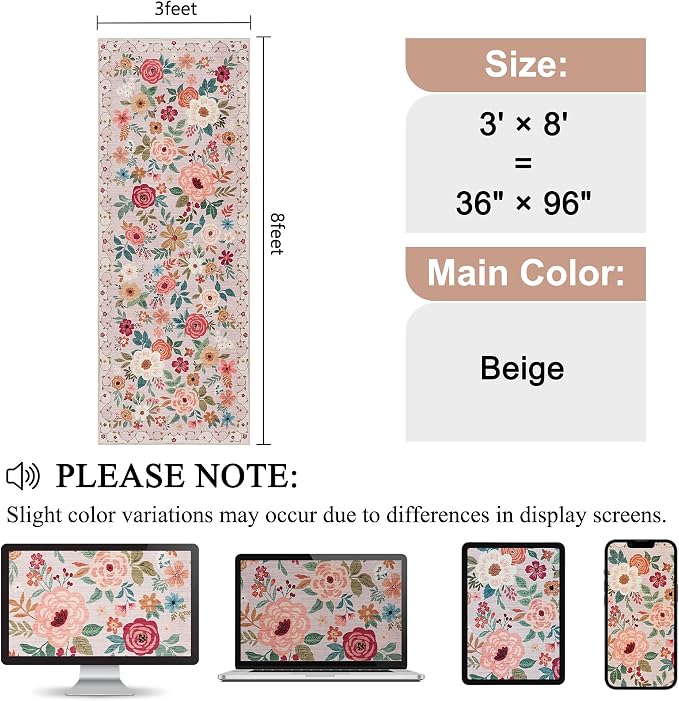 DUKINO 3x8 Kitchen Runner Rug, Washable Rug for Hallway Non Slip, Beige | Soft, Low Pile, Floral Indoor Carpet Runner for Hallway, Entryway, Bedroom, Bathroom, Laundry, Pet Friendly, Home Decor