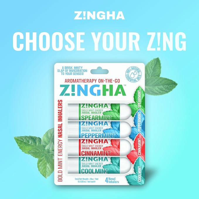 Z!NGHA Natural Aromatherapy Nasal Inhaler Stick for Sinus Relief, Focus & Stress Relief | Portable Dual-Hole Essential Oil Blend (4PK, Mint Mix)