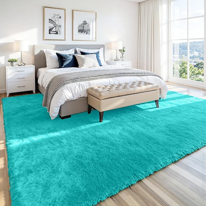 8x10 Area Rug for Living Room, Ultra Soft Fluffy Turquoise Rugs for Bedroom, Non Slip Large Shag Carpet, Fuzzy Plush Nursery Rug, Thick Washable Indoor Floor Carpets for Kids Office Dorm Home Decor