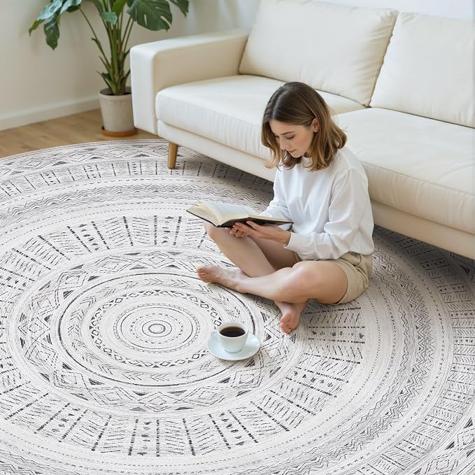 cotiled 8x8 Round Area Rugs Living Room Rug: Washable Boho Rugs with Non Slip Backing Large Soft Indoor Stain Resistant Carpet for Bedroom Farmhouse Dining Room Lightweight Home Decor Dark Grey
