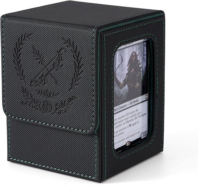 Venssu MTG Deck Box with Commander Display, Elf Card Deck Case Fits 120 Single Sleeved Cards, TCG Card Storage Box with 2 Dividers and 1 Toploader (Black＆Green)