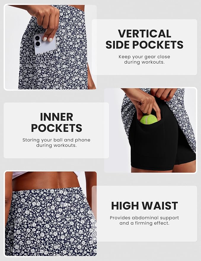 PINSPARK 19" Knee Length Skorts for Woman with Pockets UPF 50+ Golf Skirts | 4 Pockets, Built-in Shorts, High Waisted & Tummy Control, Moisture-wicking for Golf Athletic Tennis Workout Casual