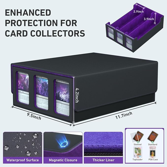 3-Row Trading Card Storage Box, Bulk Cards Case for 2400+ Mtg tcg Magic Playing Game Card Organizer, Commander Deck Box with 3 Supports & 24 Dividers