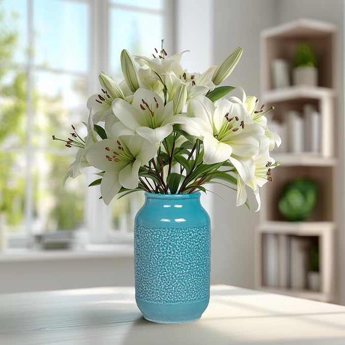 9 Inch Blue Ceramic Vase for Flowers - Textured Teal Cylinder Vase for Table Centerpieces, Modern Boho Vases Home Decor, Living Room, Kitchen Decor