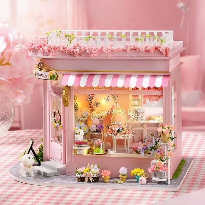 Foyucool DIY Miniature House Kit, Dollhouse Kit with LED Light, Mini House Building Kits for for Adult to Building, Christmas Home Decorations Gifts for Family and Friends, Pink World